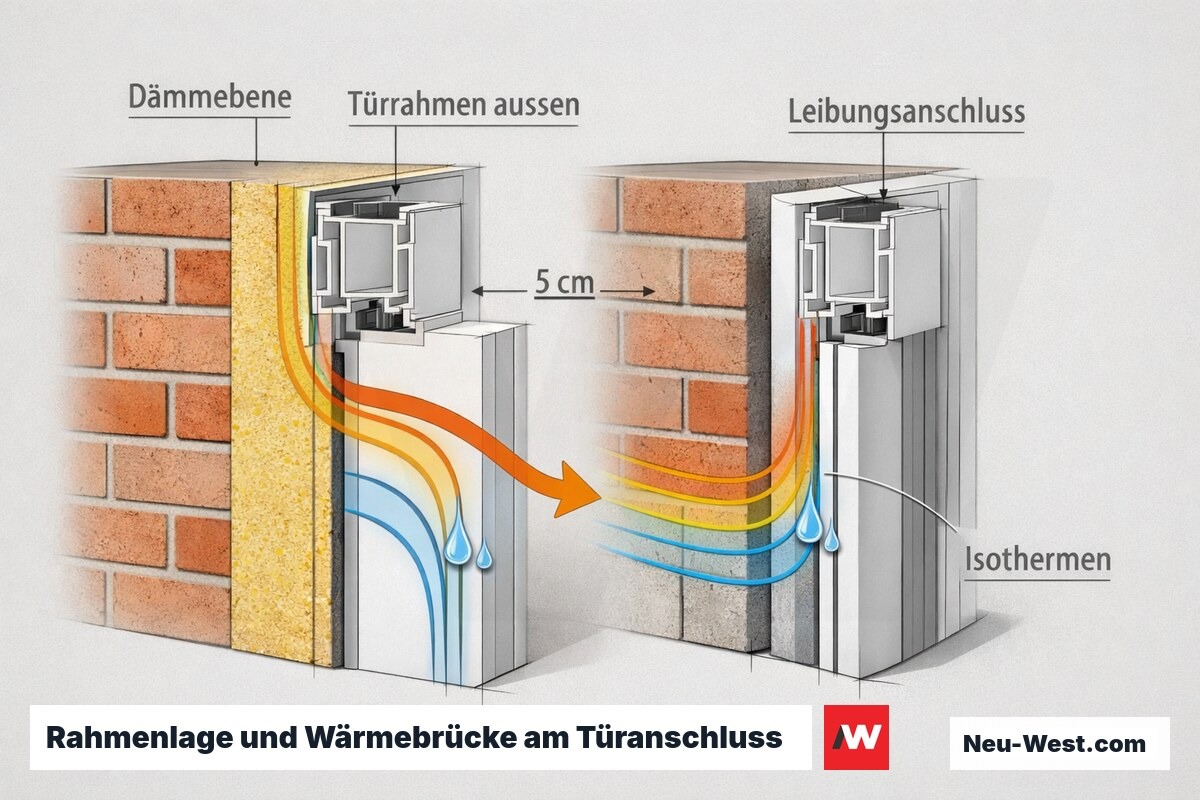 Querschnitt eines Türrahmens in gedämmter Wand: Rahmenlage in Dämmebene versus 5 cm nach innen, mit Isothermen und Tauwasserpunkt an der Leibung.