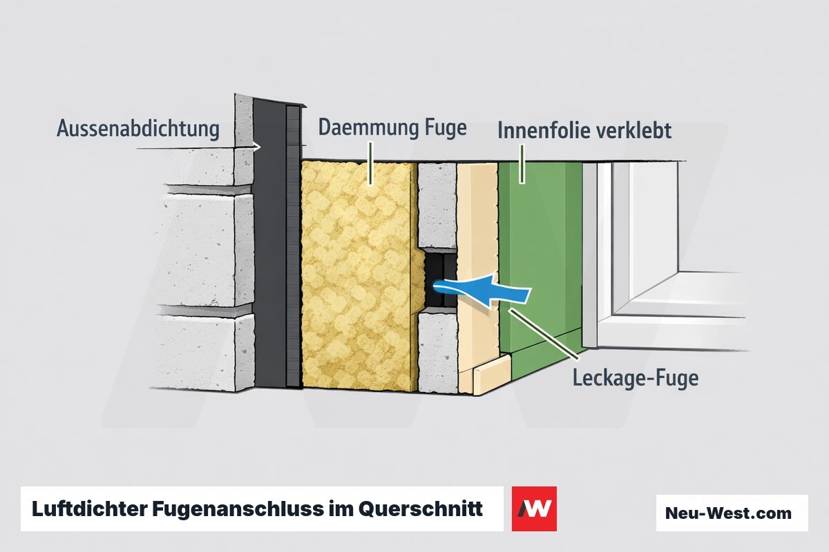 Querschnitt eines luftdichten Fensteranschlusses: Außenabdichtung, Dämmung in der Fuge, innen verklebte Dampfsperrfolie und markierte Leckage-Fuge.