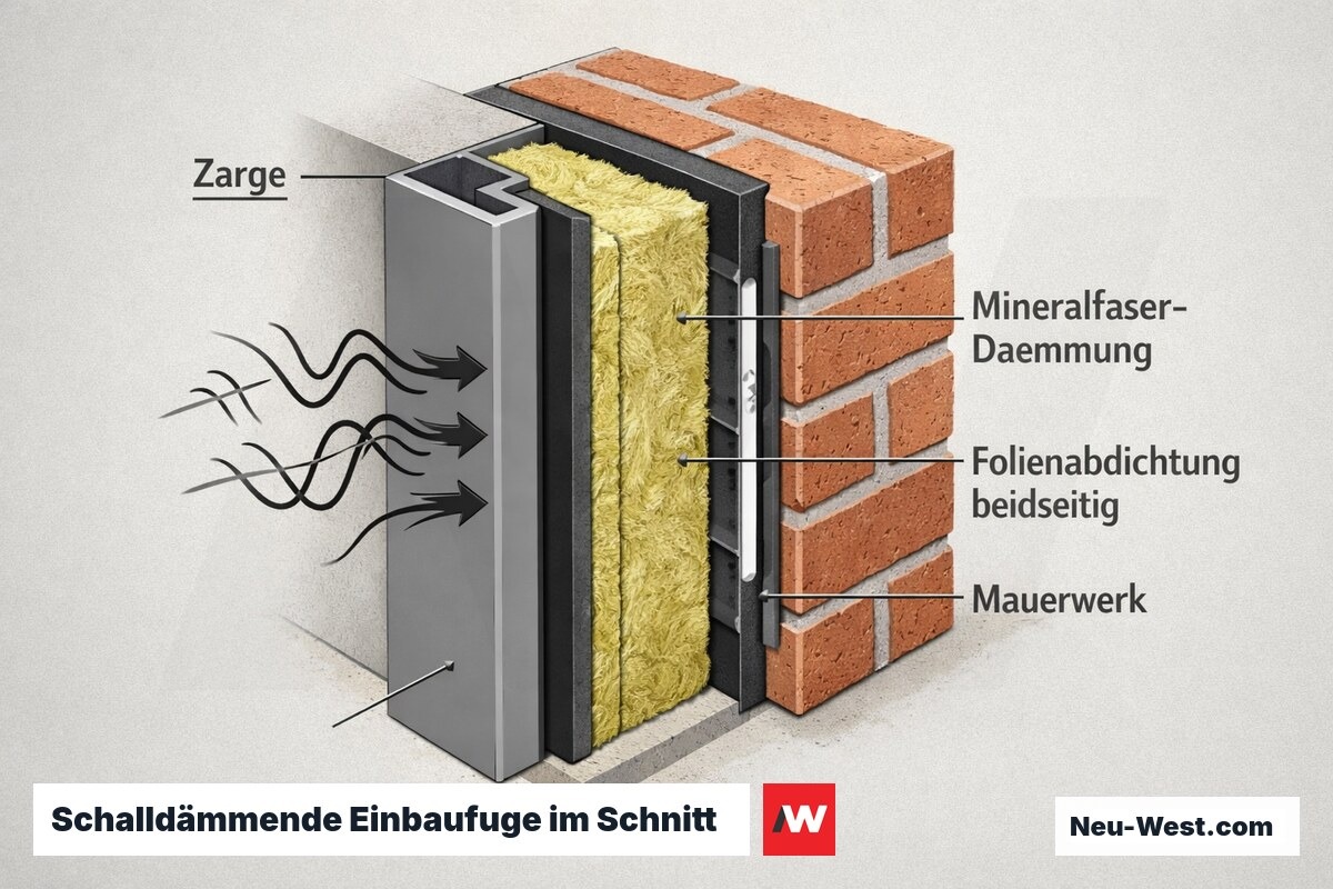 Querschnitt einer Türzarge im Mauerwerk mit mineralfasergefüllter, beidseitig folienabgedichteter Einbaufuge zur Reduktion der Schall-Flankenübertragung