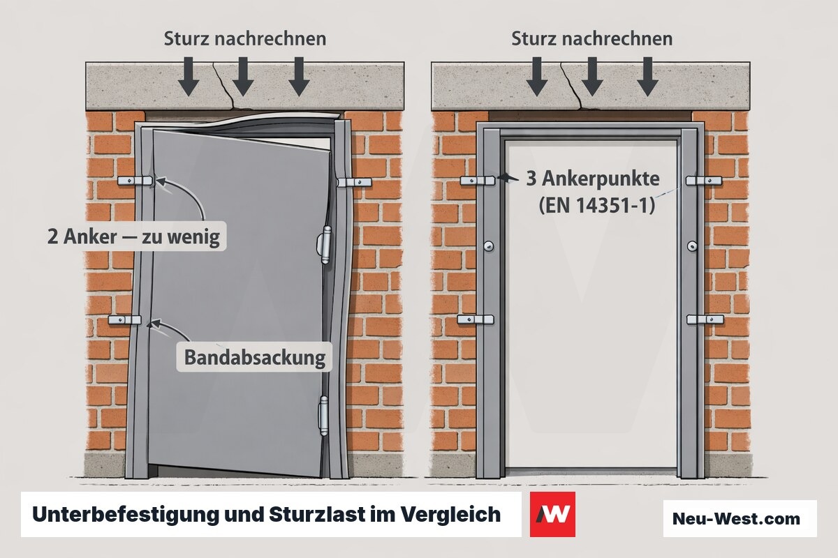 Cutaway-Vergleich einer Sicherheitstür: links 2 Anker mit abgesacktem Band und gespreiztem Rahmen, rechts 3 korrekte Ankerpunkte, oben belasteter Sturz.