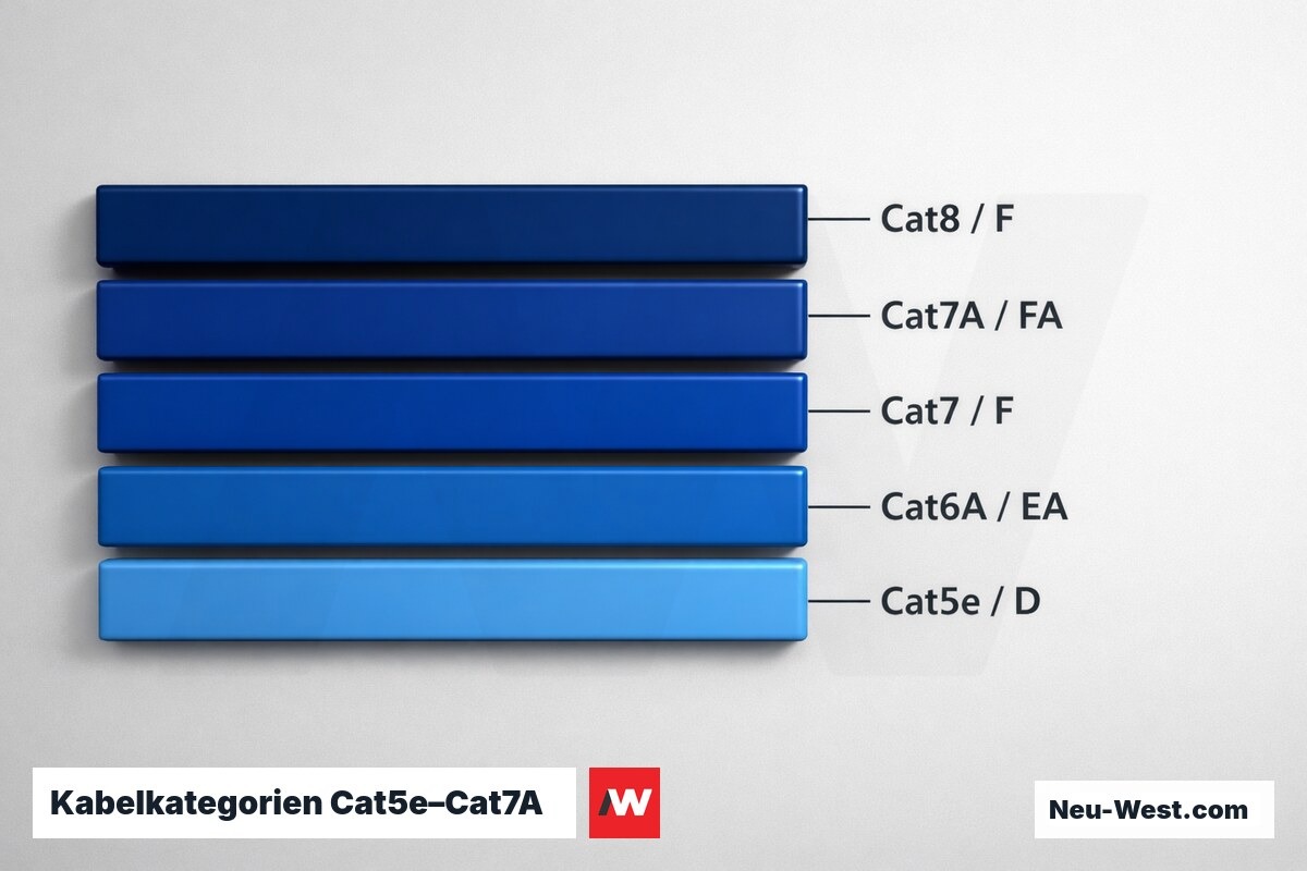Kabelkategorien Cat5e–Cat7A: Übertragungsklassen D bis FA im Vergleich – Erklär-Grafik (NEUWEST Berlin)