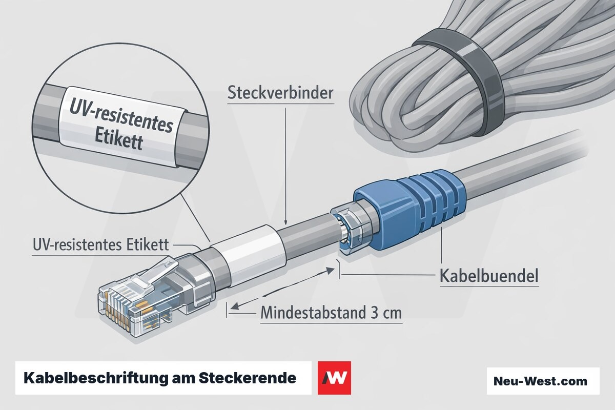 Detailgrafik eines Netzwerkkabelendes mit UV-resistentem Etikett im Mindestabstand von 3 cm vor dem Steckverbinder, eingebettet im Kabelbündel.