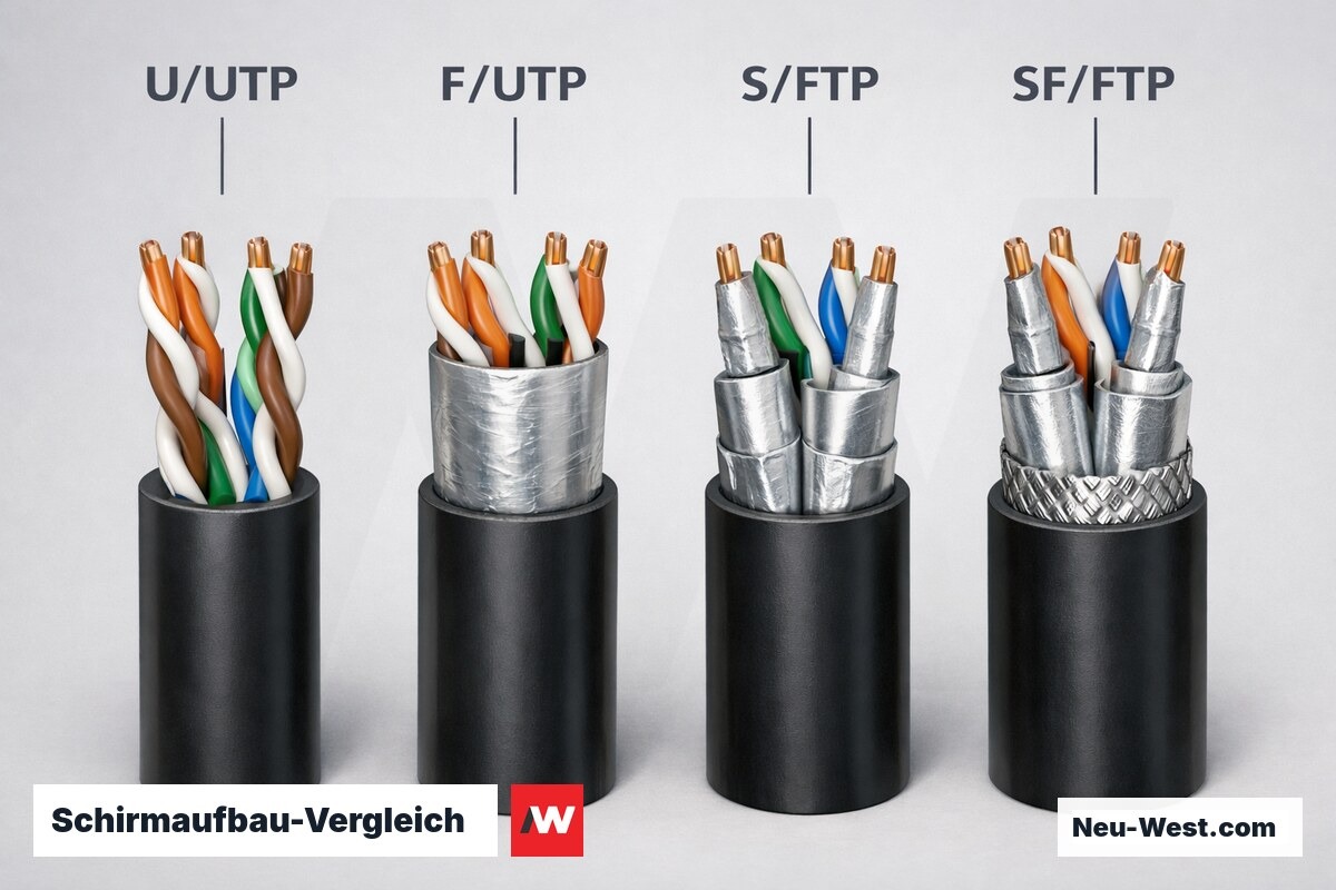 Schirmaufbau-Vergleich: U/UTP bis SF/FTP im Querschnitt – Erklär-Grafik (NEUWEST Berlin)
