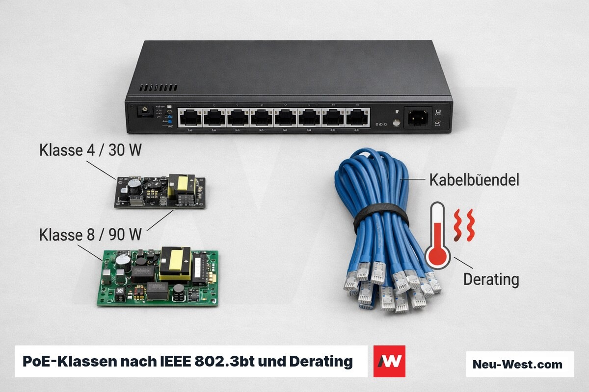 PoE-Klassen nach IEEE 802.3bt und Derating bei Kabelbündeln – Erklär-Grafik (NEUWEST Berlin)