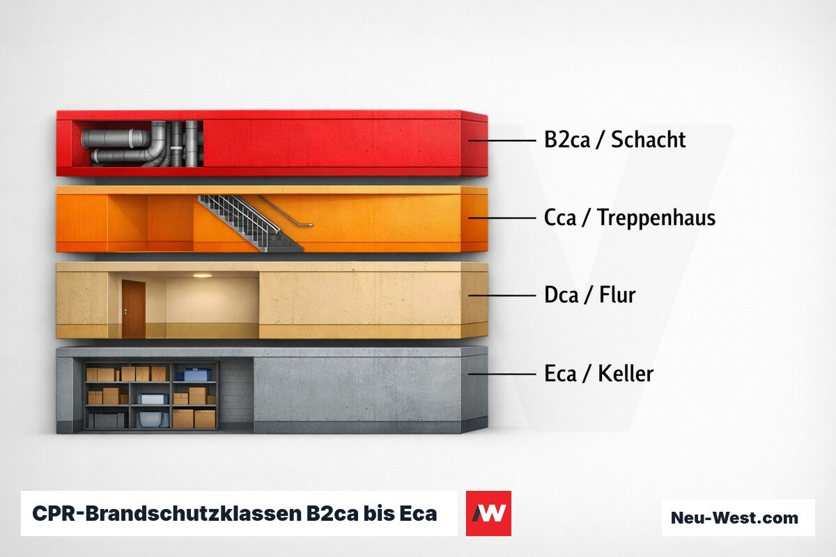 CPR-Brandschutzklassen B2ca bis Eca: Einsatzorte nach EU-Bauproduktenverordnung – Erklär-Grafik (NEUWEST Berlin)
