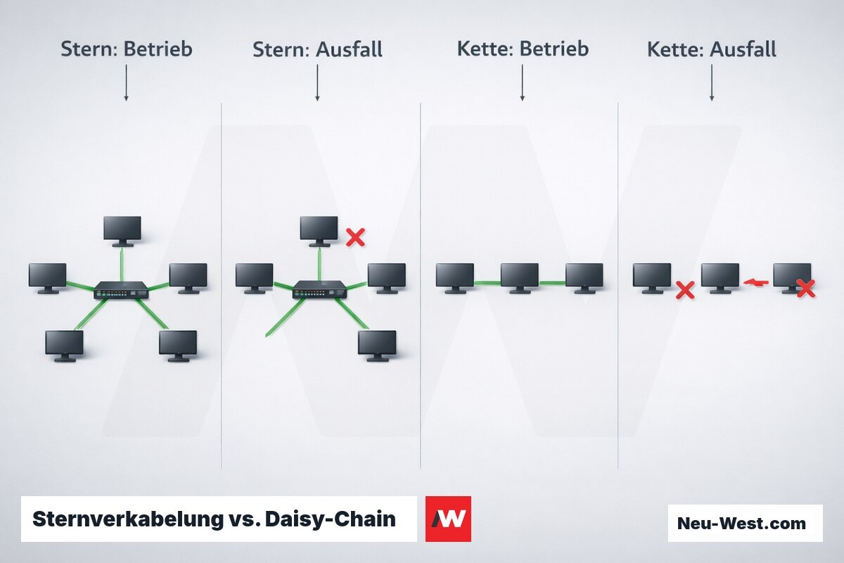 Sternverkabelung vs. Daisy-Chain: Topologie, Ausfall und Fehlersuche – Erklär-Grafik (NEUWEST Berlin)