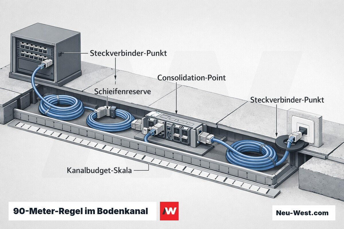 Querschnitt eines Bodenkanals mit Consolidation Point, Schleifenreserven, vier Steckverbindern und Kanalbudget-Skala zur 90-Meter-Regel.