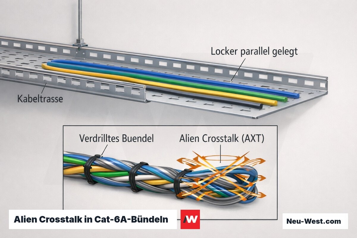 Erklär-Grafik: locker parallel gelegte Cat-6A-Kabel auf Trasse gegen verdrilltes Bündel mit erhöhter AXT-Kopplung zwischen Links.