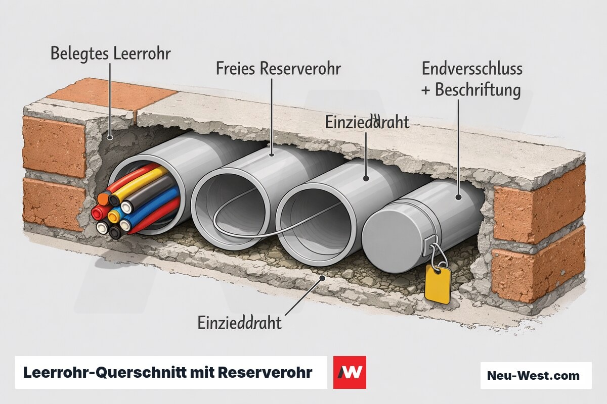 Wandquerschnitt mit drei Leerrohren: zwei belegt, ein freies Reserverohr mit Endverschluss, Beschriftung und Einziehdraht.