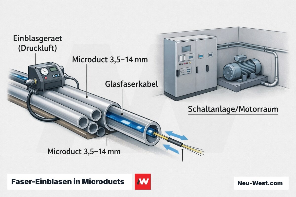 Cutaway-Grafik: Glasfaserkabel wird pneumatisch in Microduct eingeblasen, vorbei an Schaltanlage im EMV-kritischen Motorraum.