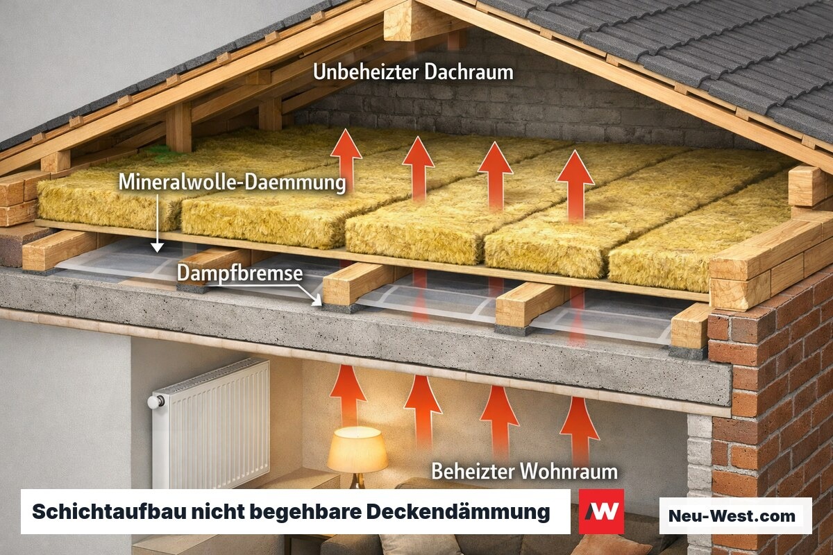 Querschnitt Dachboden mit Mineralwolle-Dämmung auf Geschossdecke, Dampfbremse und Wärmefluss-Pfeilen, ca. 120 Zeichen