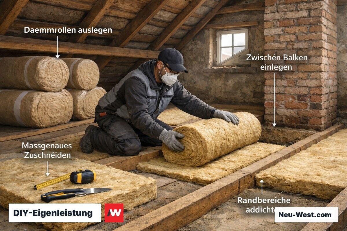 Heimwerker verlegt Mineralwolle-Dämmmatten auf Dachbodenboden zwischen Holzbalken, Eigenleistung Altbau