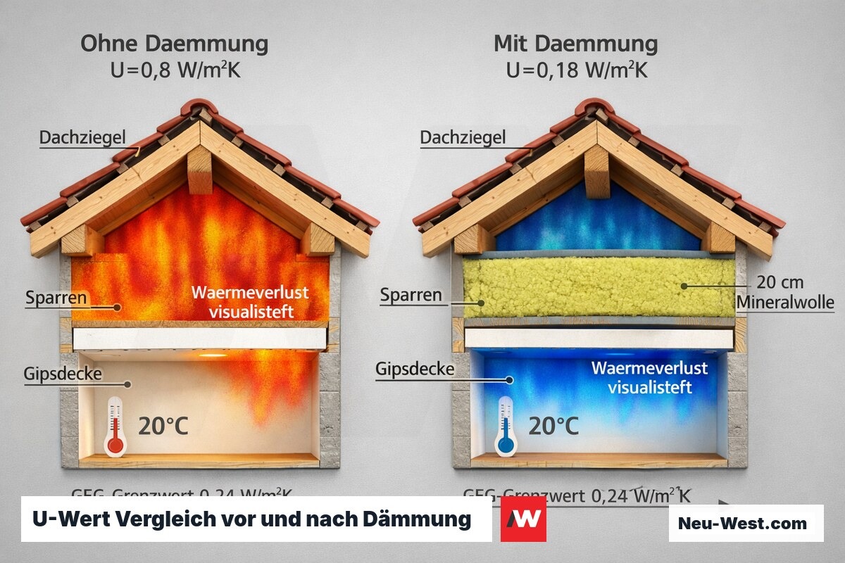 Thermografischer Vergleich Geschossdecke ohne und mit Dämmung, Wärmeverlust-Visualisierung, GEG-Grenzwert