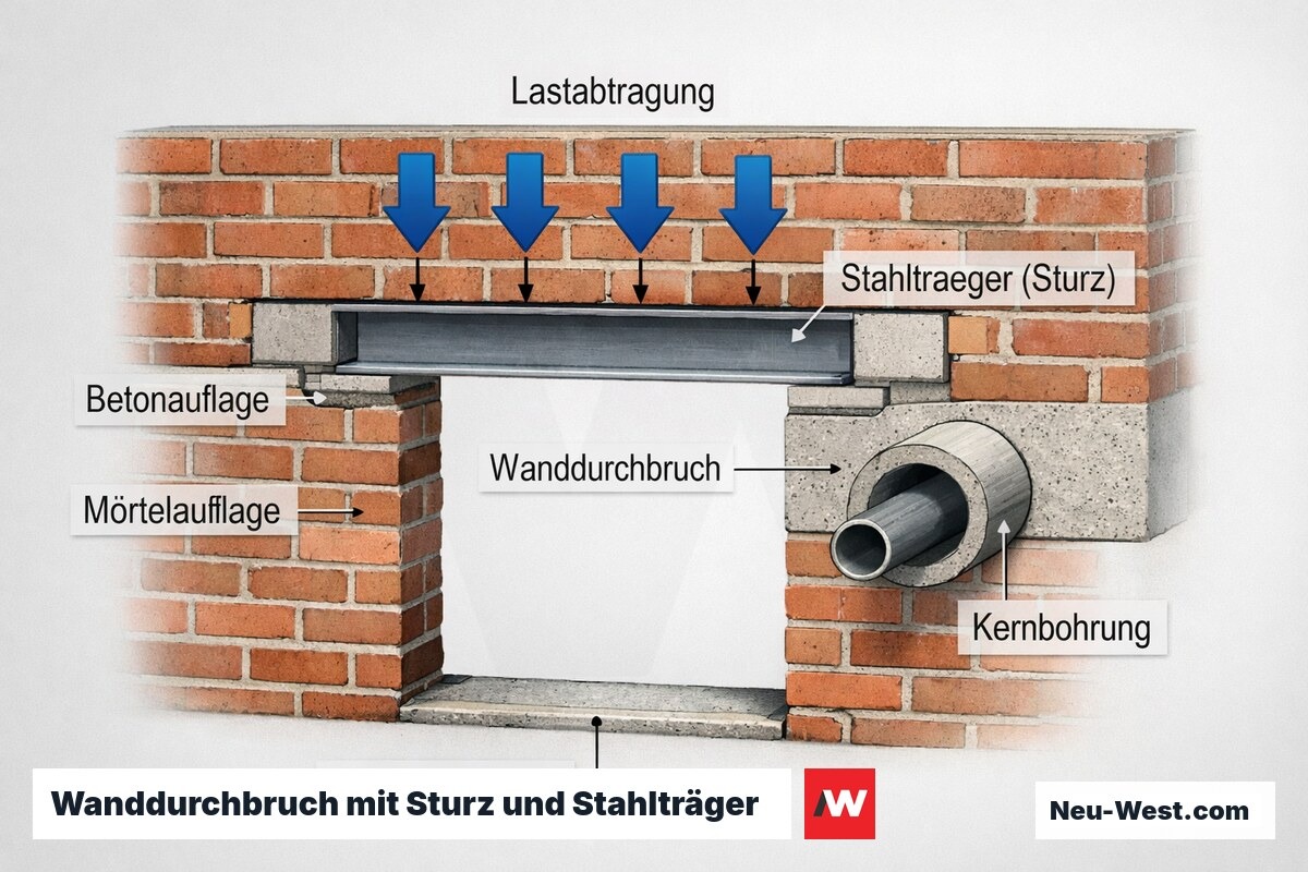 Querschnitt einer tragenden Bestandswand mit neuer Türöffnung, eingesetztem Stahlträger als Sturz, Kernbohrung und Lastabtragung.