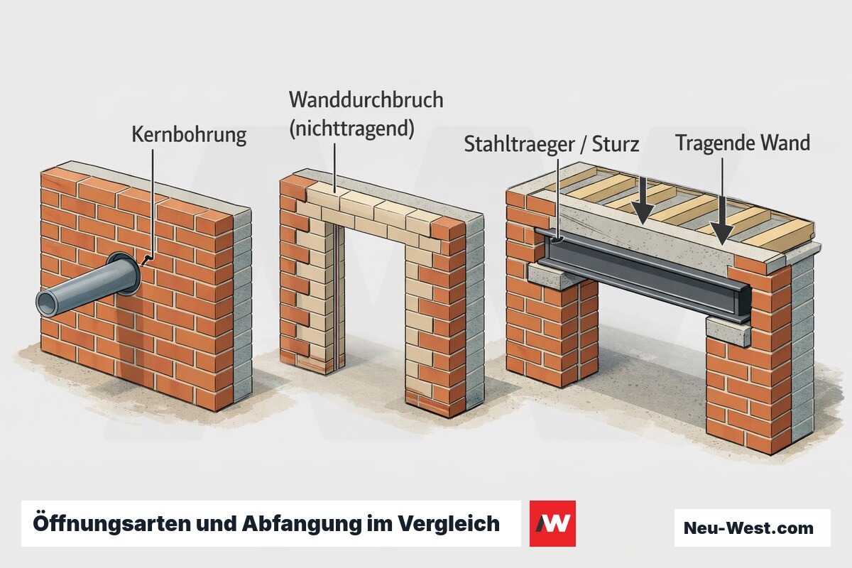 Querschnitt-Diagramm: Kernbohrung, nichttragender Wanddurchbruch und tragende Wand mit Stahlträger-Abfangung im Vergleich.