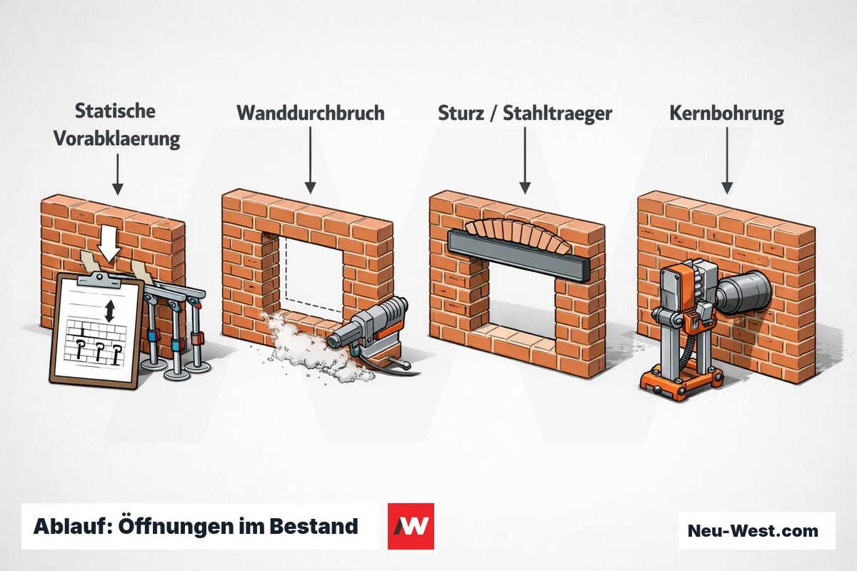 Prozess-Sequenz in vier Schritten: statische Vorabklärung, Wanddurchbruch, Abfangen per Stahlträger-Sturz und Kernbohrung für Leitungen in einer tragenden Bestandswand.