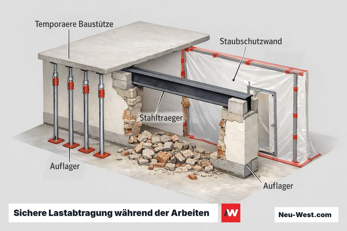 Perspektivische Baustellen-Illustration: temporäre Baustützen, Staubschutzwand, Stahlträger auf Auflagern beim sicheren Wanddurchbruch.
