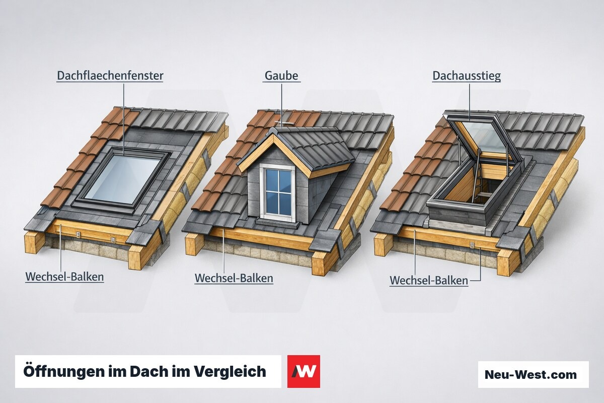 Querschnitt eines Steildachs mit Dachflächenfenster, Gaube und Dachausstieg samt Wechsel-Balken und Abdichtung.