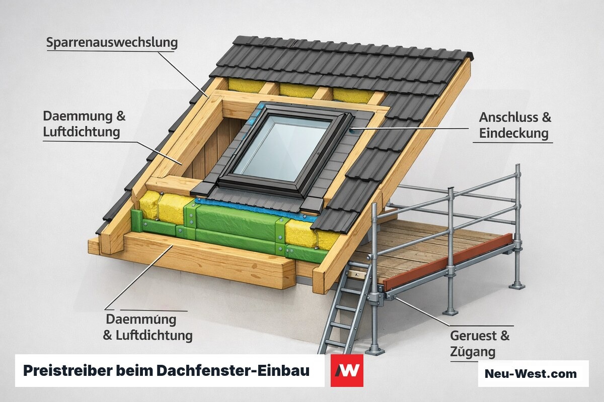 Querschnitt eines Steildachs mit Dachfenster: ausgewechselte Sparren, Dämmung, Luftdichtung, Eindeckung und Gerüst als Kostentreiber.