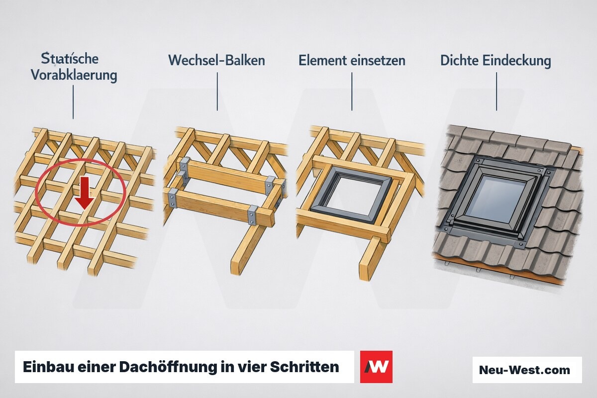 Vierstufige Ablauf-Illustration: statische Prüfung, Wechsel-Balken einbauen, Element einsetzen und dichte Eindeckung einer Öffnung im Steildach.