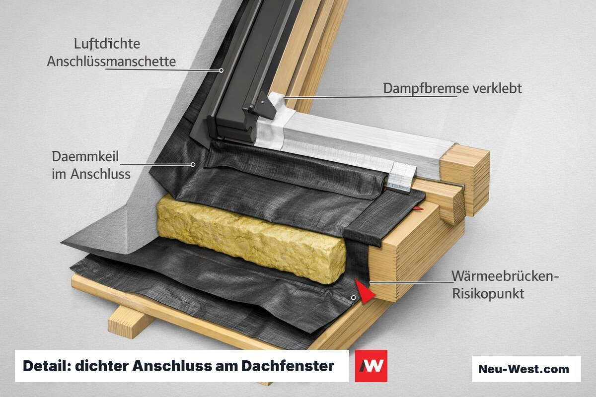 Anschlussdetail eines Dachfensters mit Sealing-Manschette, verklebter Dampfbremse, Dämmkeil und markiertem Wärmebrücken-Risikopunkt am Rahmen.