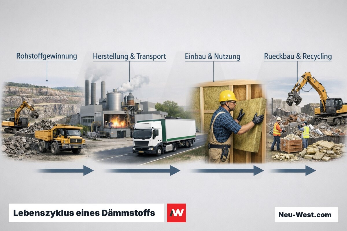 Schematische Darstellung des vollständigen Lebenszyklus von Mineralwolle: von der Rohstoffgewinnung über Produktion und Einbau bis zur Entsorgung.