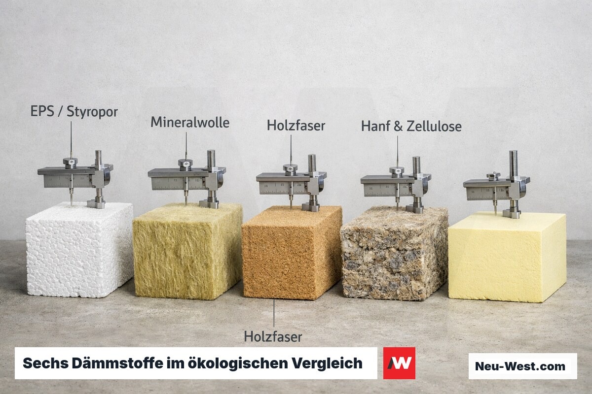 Sechs Dämmstoffproben im direkten Materialvergleich: EPS, Steinwolle, Holzfaser, Hanf, Zellulose und PUR – jeweils als aufgeschnittener Block mit Stru