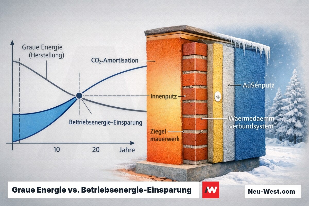 Wandquerschnitt mit Wärmebildgradient zeigt, wie Graue Energie aus der Dämmstoffherstellung durch Betriebsenergie-Einsparungen über den Lebenszyklus k