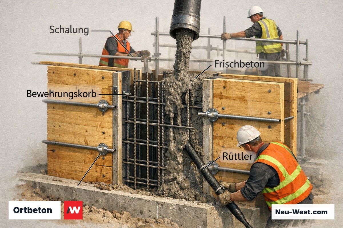 Querschnitt einer Ortbeton-Wandschalung mit Bewehrung, Betonpumpe und Arbeiter beim Verdichten auf einer Baustelle
