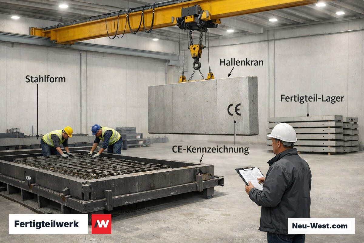 Hallenbetrieb eines Betonfertigteilwerks mit Stahlschalungen, Hallenkran und gestapelten fertigen Wandelementen