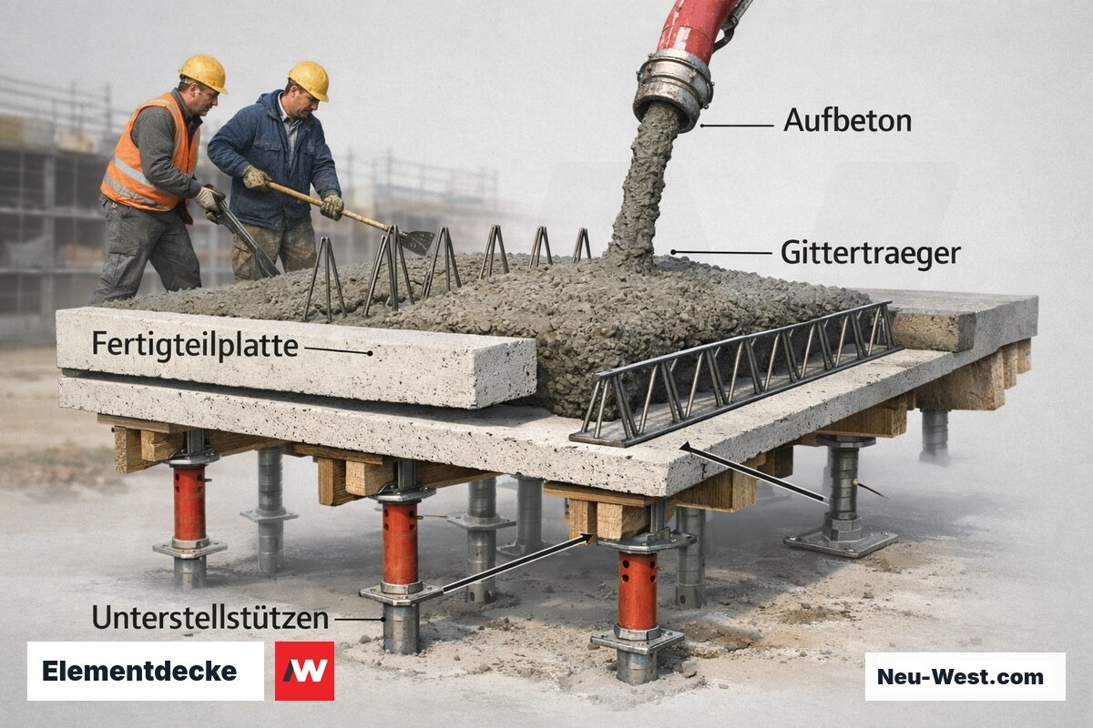 Schnittdarstellung einer Elementdecke mit dünner Fertigteilplatte, aufragenden Gitterträgern und frisch aufgetragenem Ortbeton auf einer Baustelle