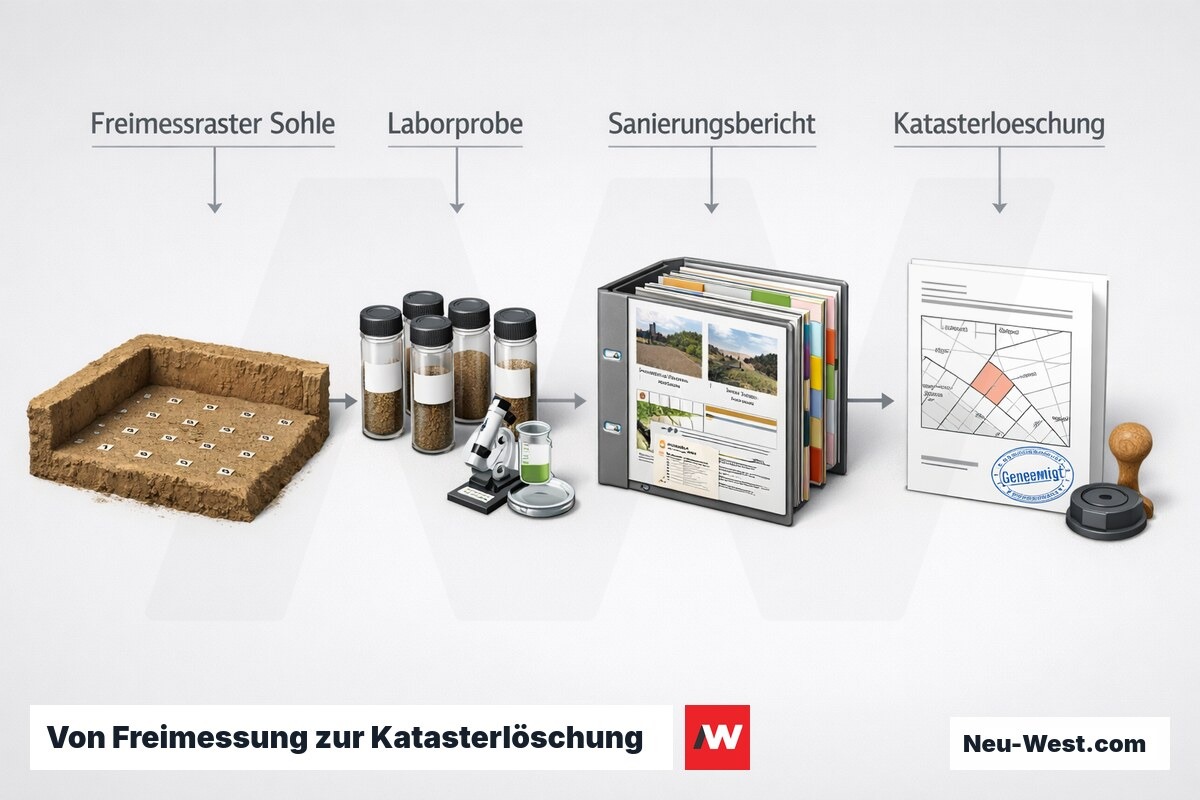 Prozessgrafik: Freimessraster auf Baugrubensohle, Laborprobe, gebundener Sanierungsbericht und Katasterdokument mit Stempel zur Löschung des Altlasteneintrags.