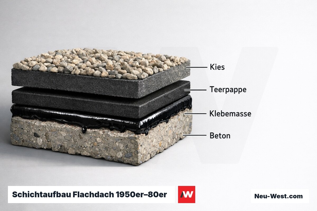 Schichtaufbau Flachdach 1950er–80er: PAK-haltige Lagen – Erklär-Grafik (NEUWEST Berlin)