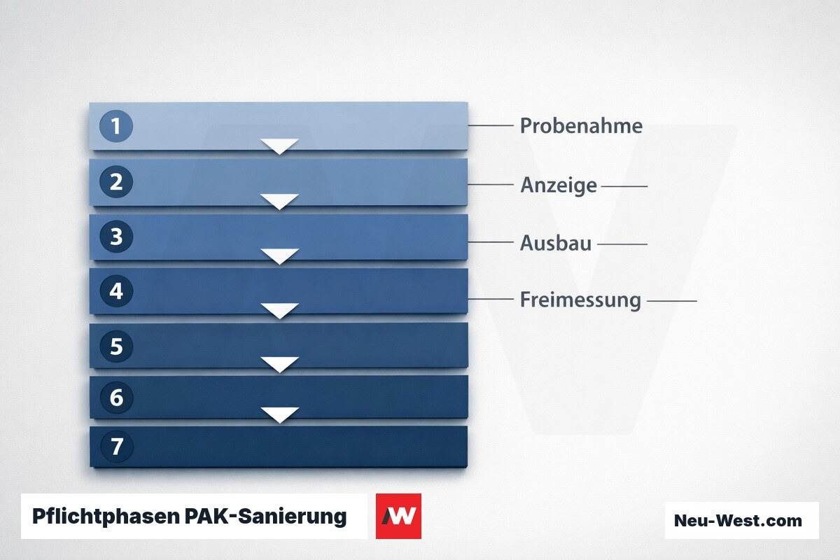 Pflichtphasen PAK-Sanierung: Von der Probenahme bis zur Freimessung – Erklär-Grafik (NEUWEST Berlin)