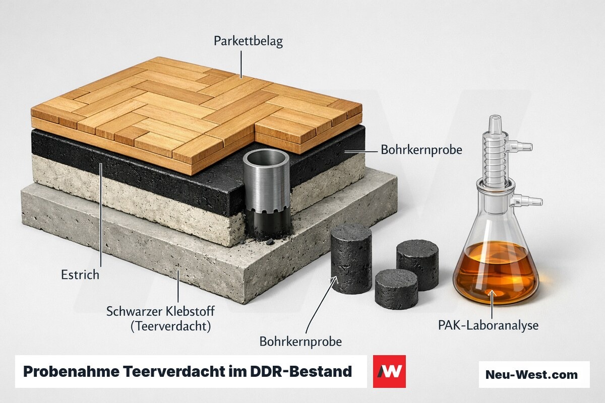 Cutaway eines Ostberliner Fußbodenaufbaus mit schwarzer Klebeschicht, Bohrkernentnahme und Laborprobe zur PAK-Analyse zur Unterscheidung von Teer und Bitumen.