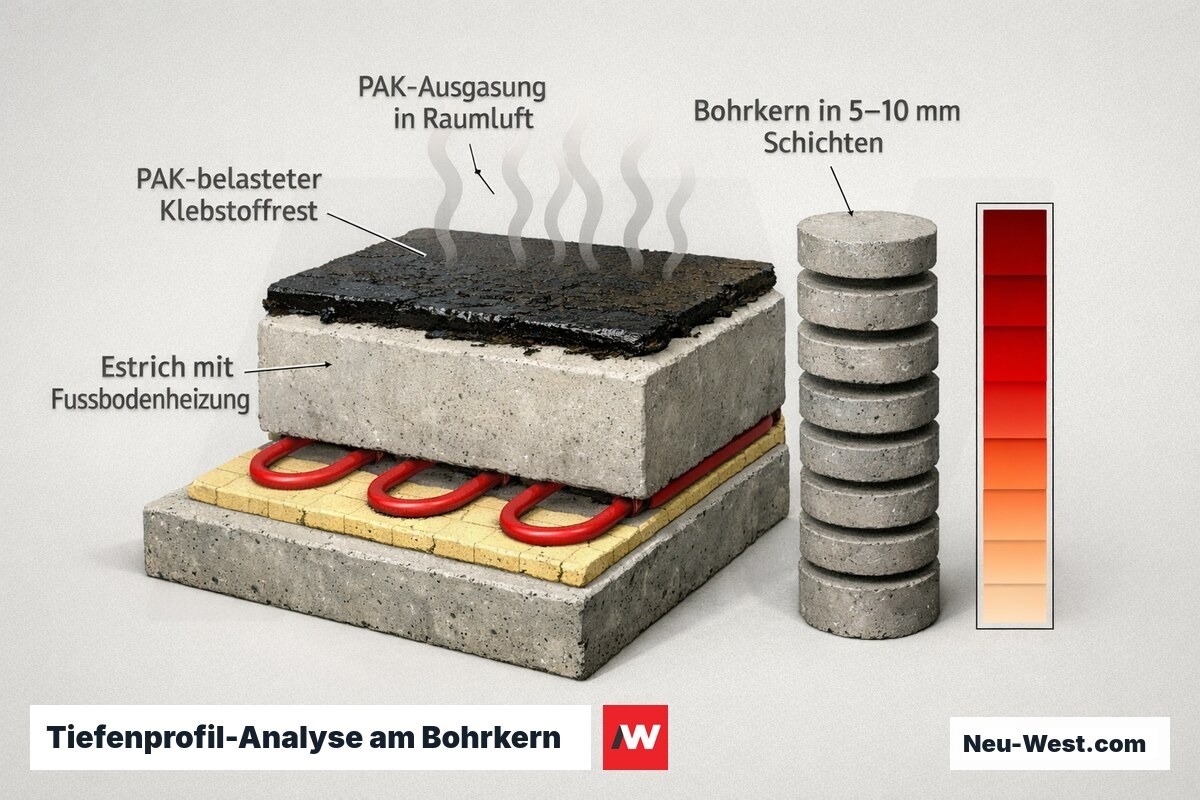 Querschnitt eines beheizten Bodenaufbaus mit extrahiertem Bohrkern in Millimeterschichten, PAK-Klebstoffrest, Estrich, Heizrohren und Ausgasung in die Raumluft.