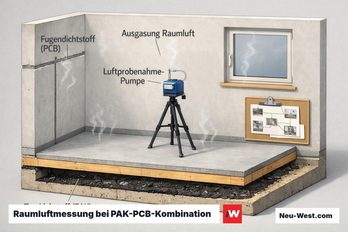 Raumquerschnitt: PCB-Fugendichtstoffe und PAK-Teerkleber gasen aus, zentrale Luftprobenahme-Pumpe misst die Raumluft-Belastung.