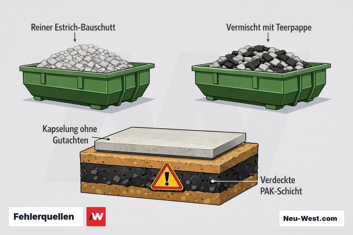 Vergleich zweier Container – reiner Estrich-Bauschutt gegen mit Teerpappe vermischten Sonderabfall – plus Bodenkapselung ohne Gutachten als Sachmangel-Risiko.