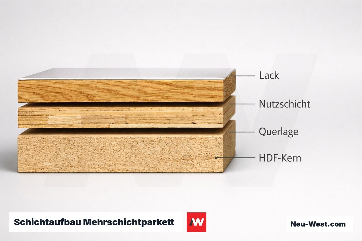 Schichtaufbau Mehrschichtparkett – Erklär-Grafik (NEUWEST Berlin)