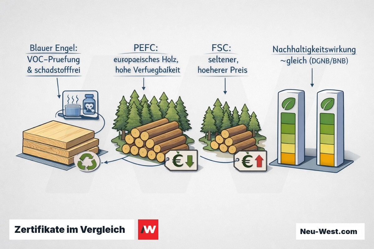 Erklär-Grafik vergleicht Blauer Engel, PEFC und FSC: VOC-Prüfung, Verfügbarkeit und Preis von Bauholz bei ähnlicher Nachhaltigkeitswirkung.