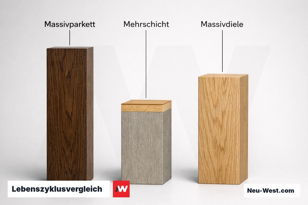 Lebenszyklusvergleich: Schleifreserve nach Parketttyp – Erklär-Grafik (NEUWEST Berlin)