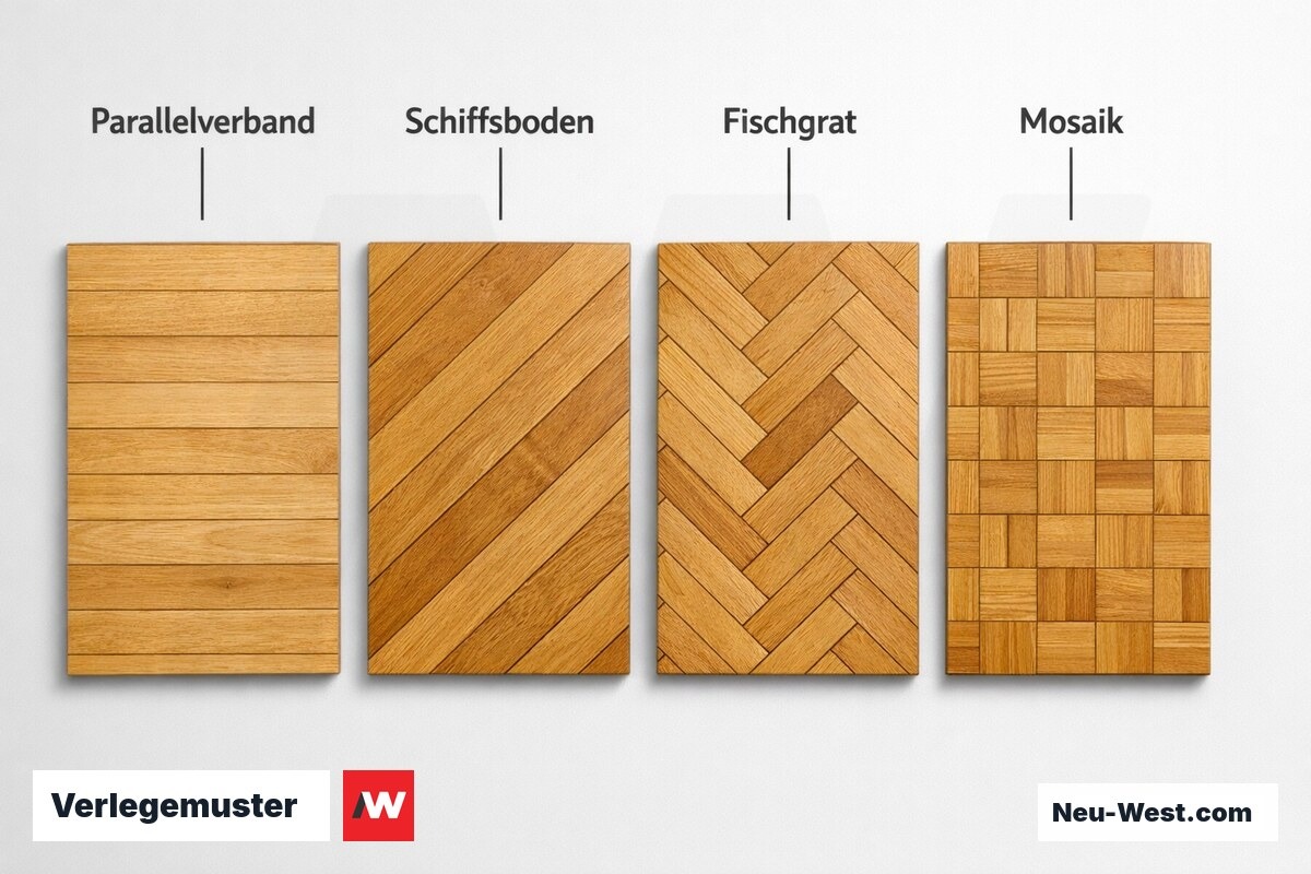 Verlegemuster: Materialverschnitt und Zeitaufwand im Vergleich – Erklär-Grafik (NEUWEST Berlin)
