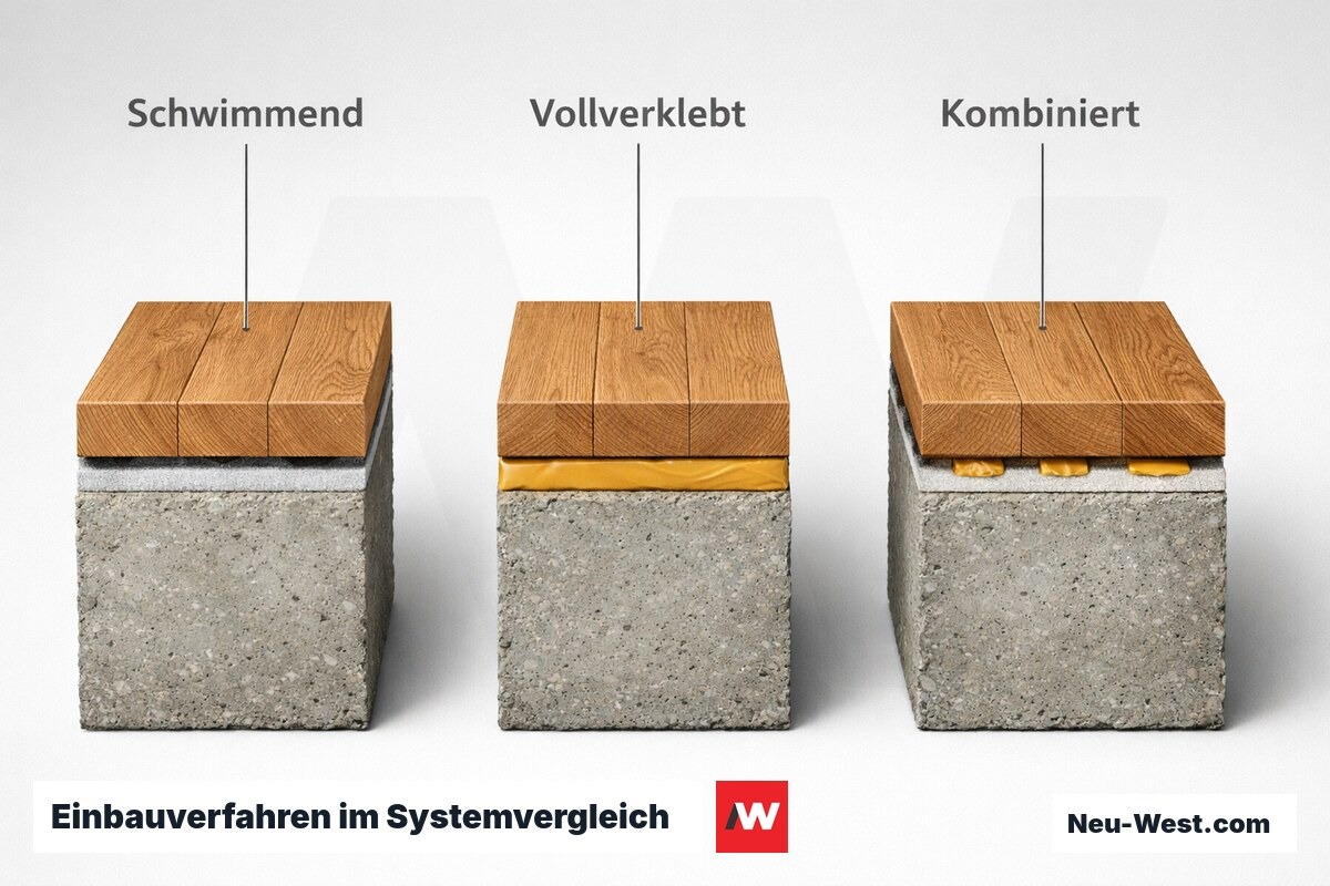 Einbauverfahren im Systemvergleich: Lastaufnahme, Akustik, Reversibilität – Erklär-Grafik (NEUWEST Berlin)