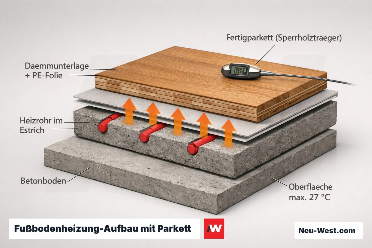 Querschnitt einer Fußbodenheizung mit Estrich, Heizrohren, Dämmunterlage und Fertigparkett, Wärmefluss zur 27-°C-Oberfläche.