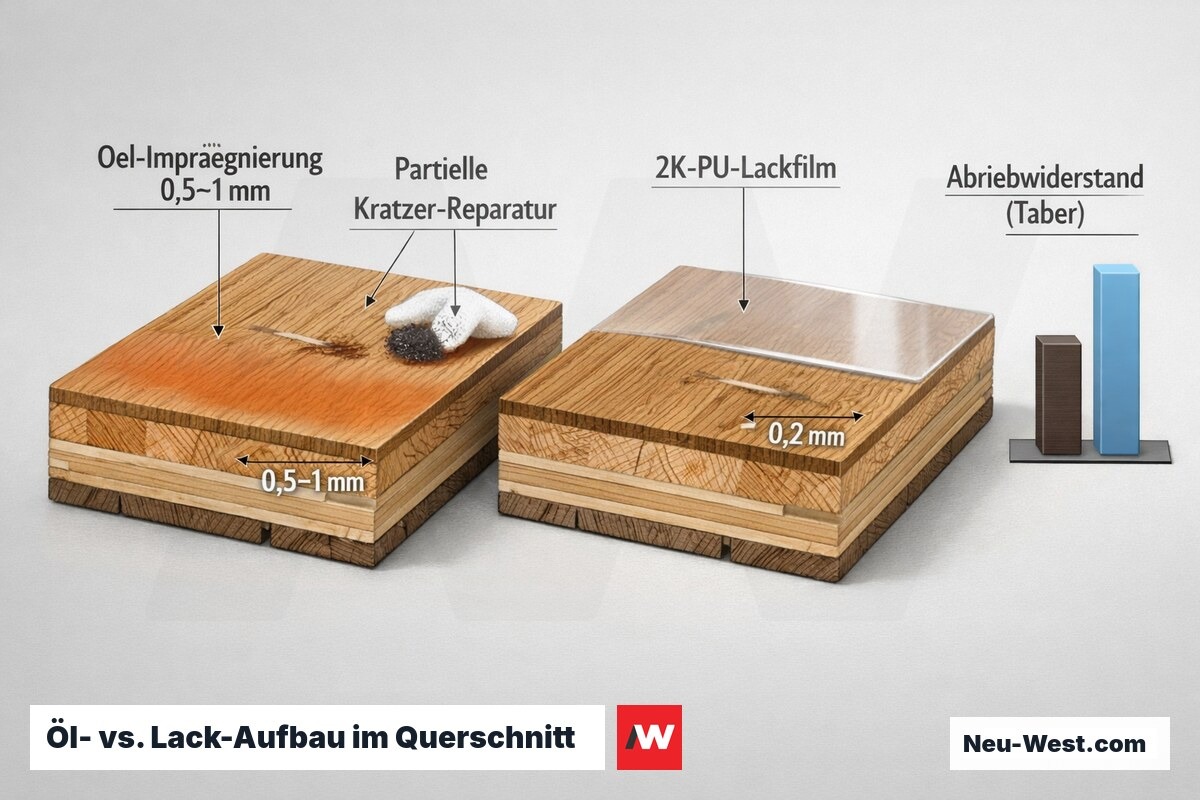 Querschnittsvergleich Parkett: offenporige Öl-Imprägnierung mit Spot-Reparatur gegen geschlossenen 2K-PU-Lackfilm plus Abriebwiderstand-Vergleich.