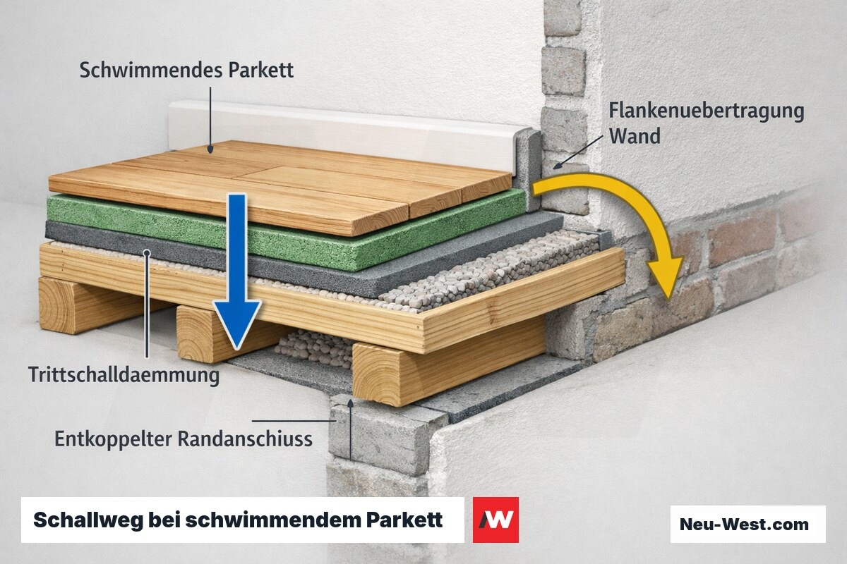 Bauquerschnitt: schwimmendes Parkett auf Trittschalldämmung über Holzbalkendecke, mit Schallweg nach unten und Flankenübertragung über den Wandanschluss.