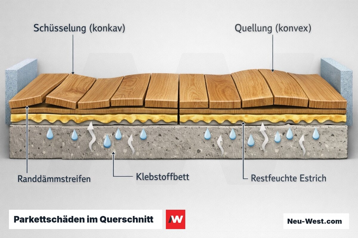 Querschnitt eines Parkettbodens mit geschüsselten und gequollenen Dielen sowie aufsteigender Restfeuchte aus dem Estrich durch das Klebstoffbett.