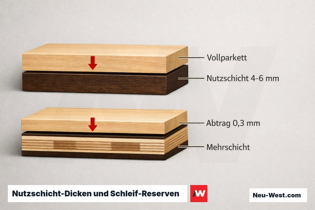 Nutzschicht-Dicken und Schleif-Reserven: Vollparkett vs. Mehrschichtparkett – Erklär-Grafik (NEUWEST Berlin)