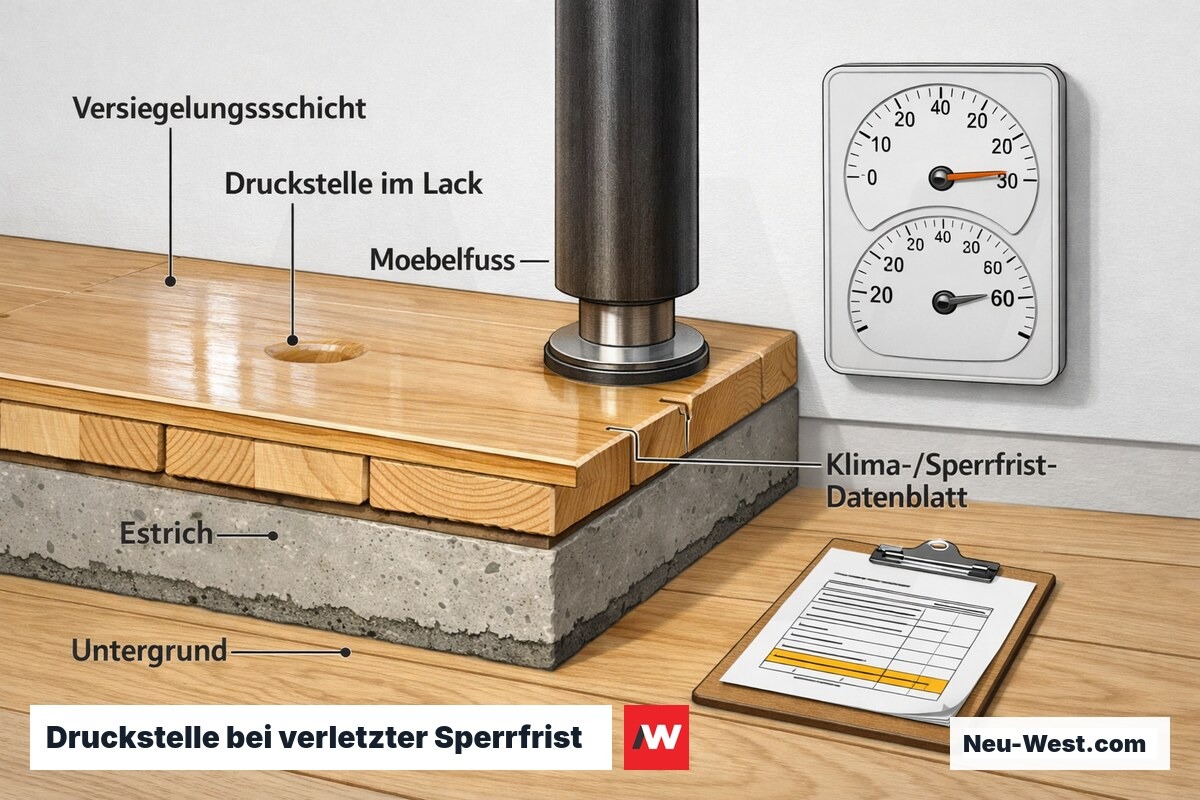 Querschnitt: Möbelfuß drückt Delle in noch nicht ausgehärtete Bodenversiegelung, daneben Klimaanzeige und Hersteller-Datenblatt zur Sperrfrist.