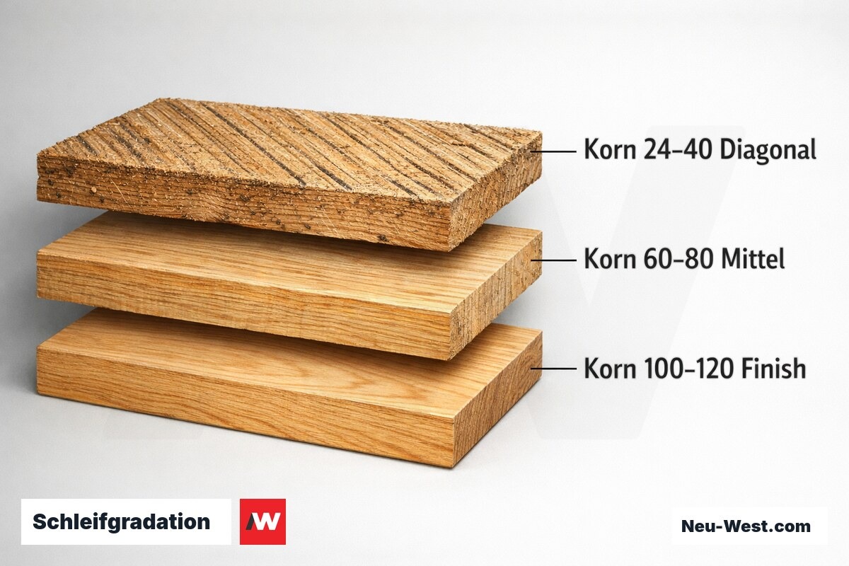 Schleifgradation: Körnung und Schliffrichtung Schritt für Schritt – Erklär-Grafik (NEUWEST Berlin)